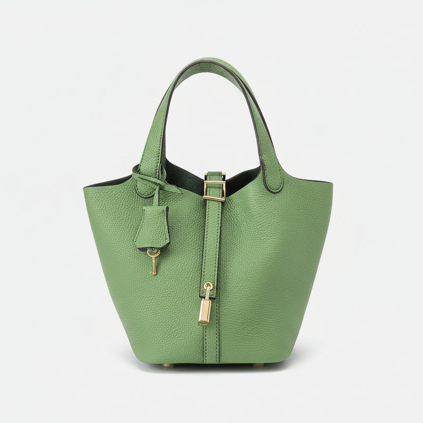 Structured Basket Handbag with Twist Lock – Faux Leather Bucket Bag