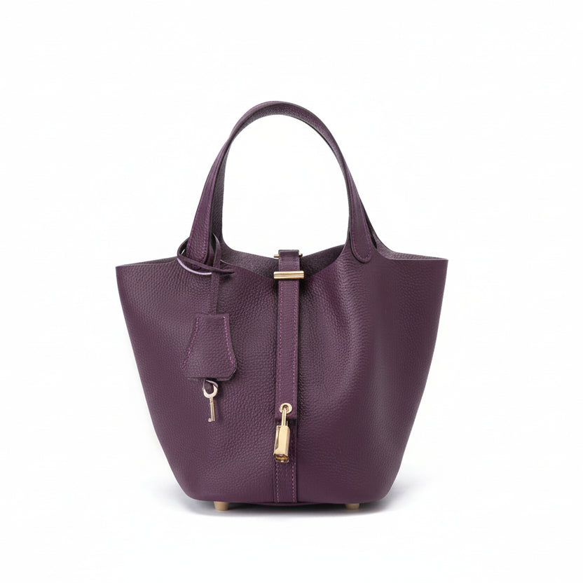 Structured Basket Handbag with Twist Lock – Faux Leather Bucket Bag