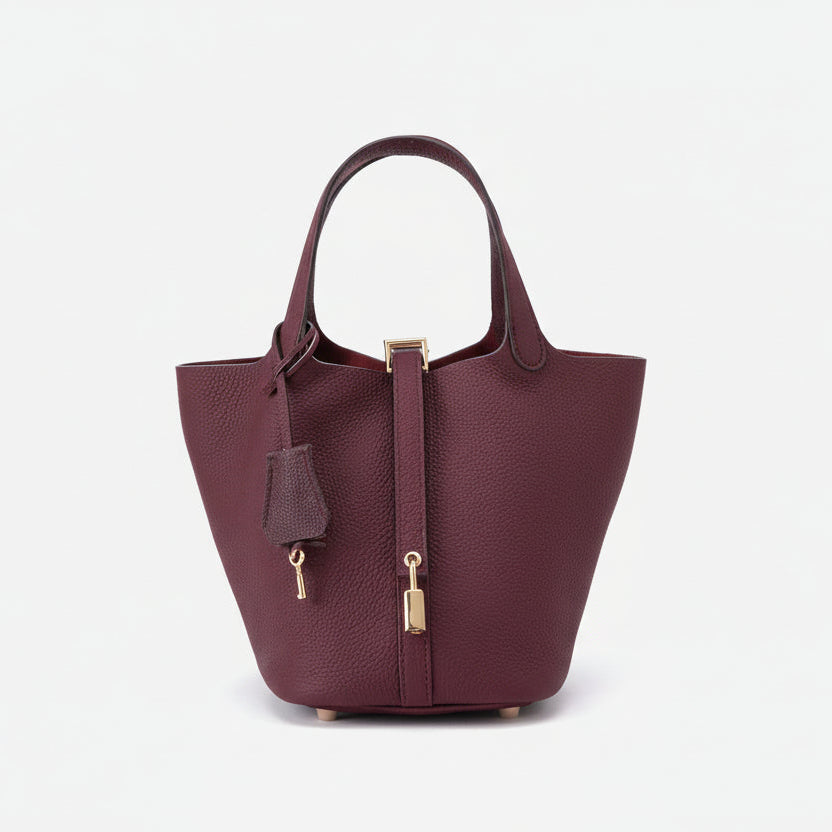 Structured Basket Handbag with Twist Lock – Faux Leather Bucket Bag