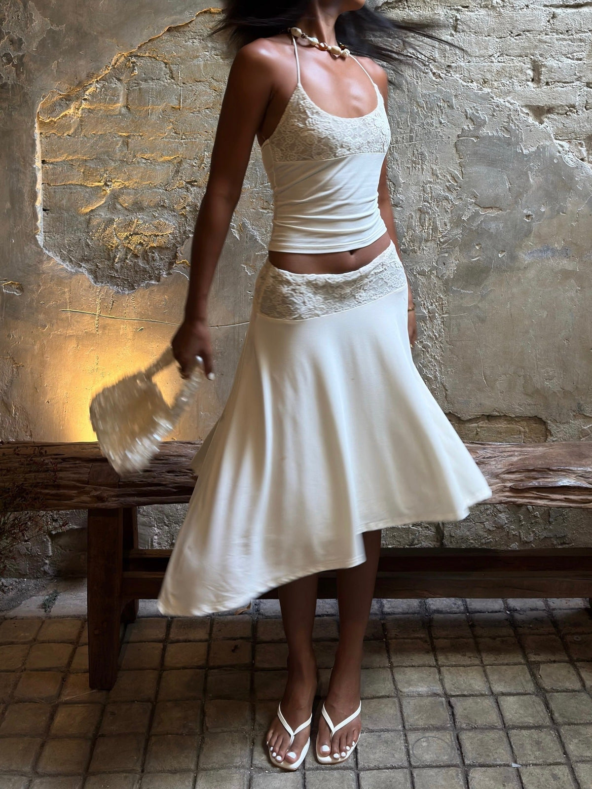 Women's Lace Trim Camisole Top and Asymmetric Midi Skirt Set