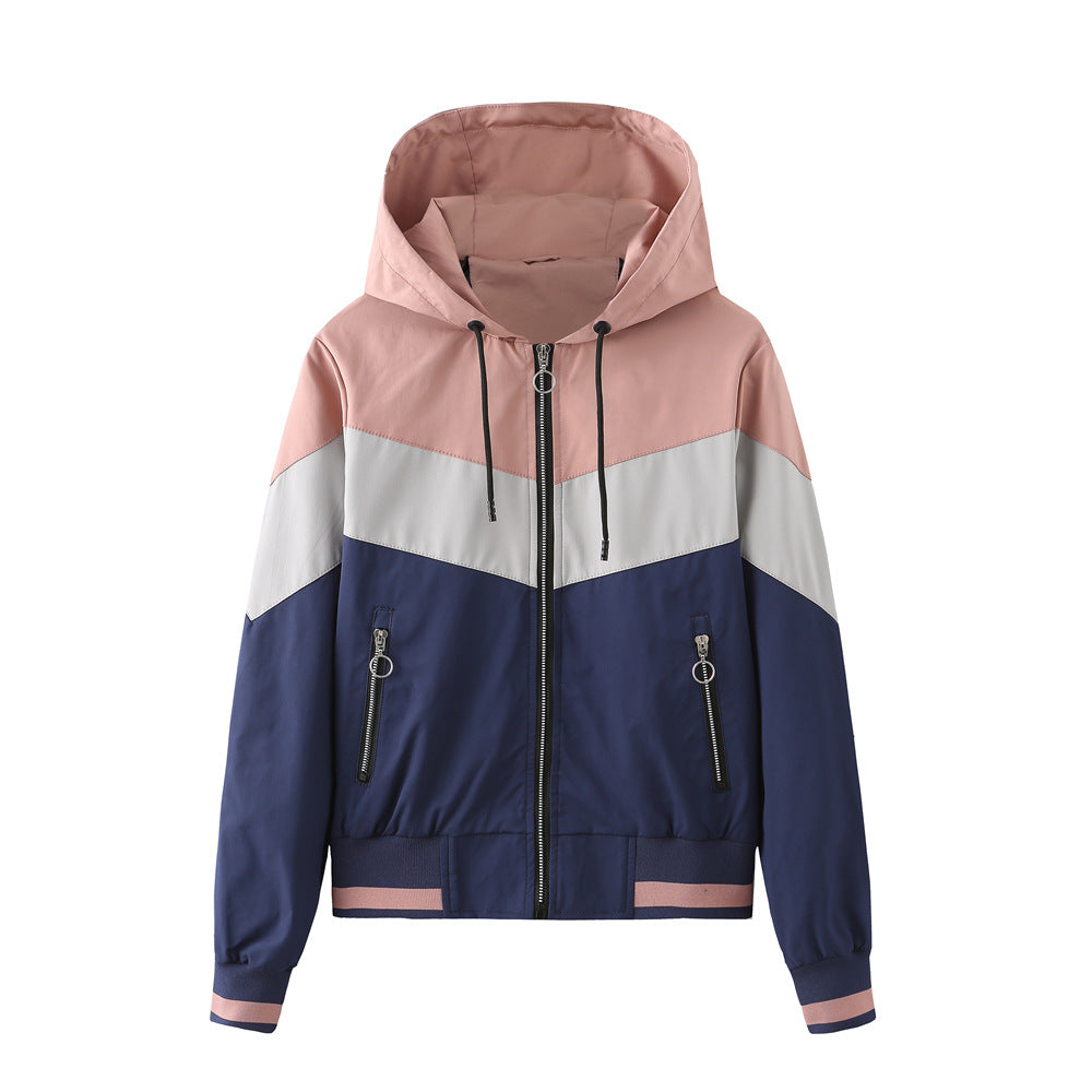 Women's Lightweight Hooded Bomber Jacket with Printed Colour Block Design