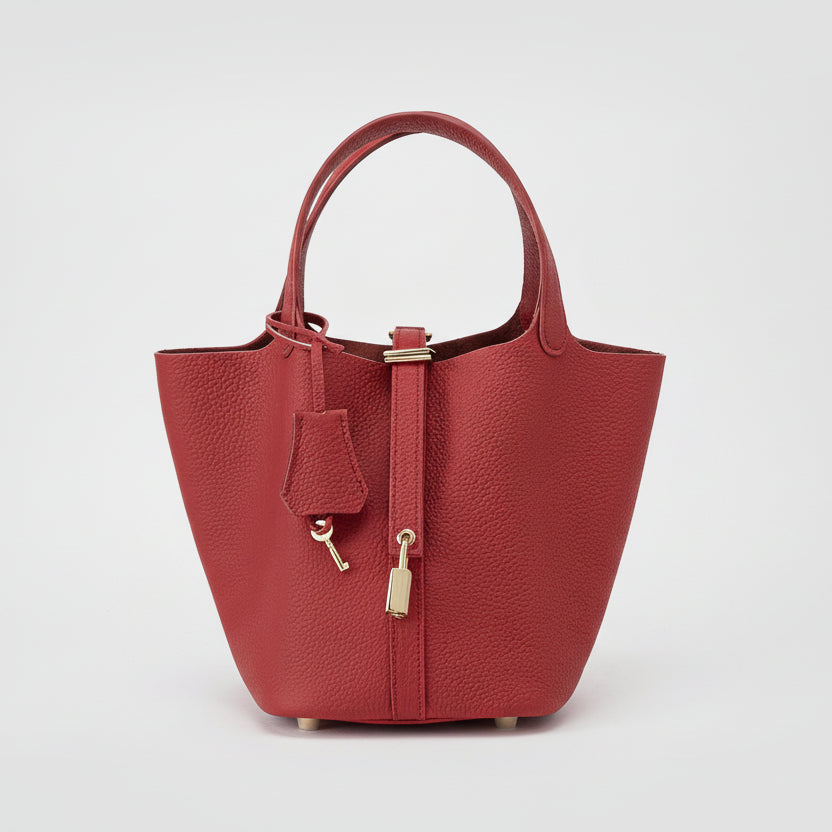 Structured Basket Handbag with Twist Lock – Faux Leather Bucket Bag