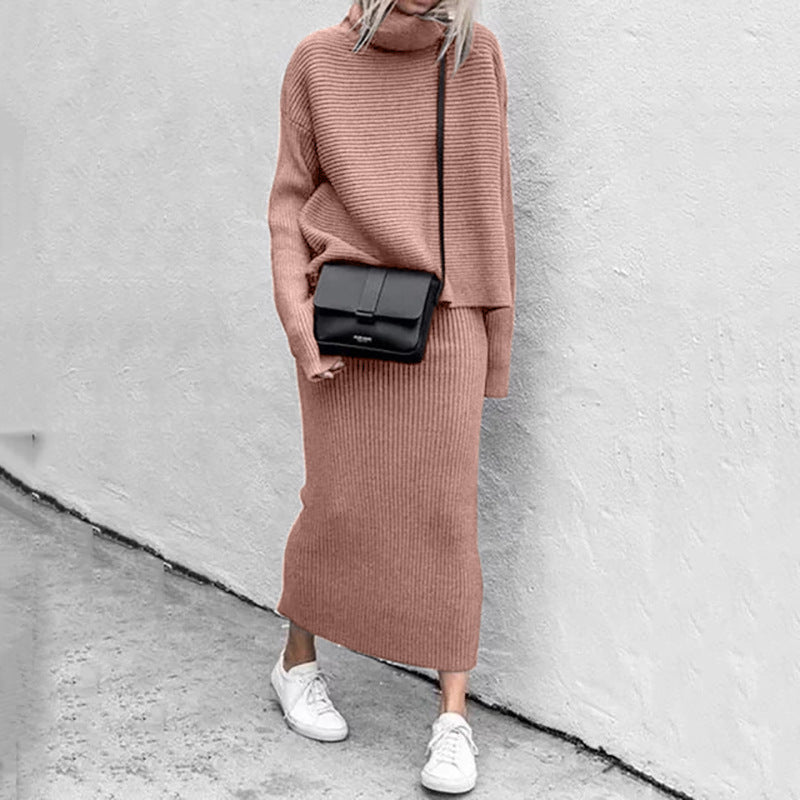 Women's Ribbed Roll-Neck Skirt Co-Ord – Relaxed Long-Sleeve Jumper