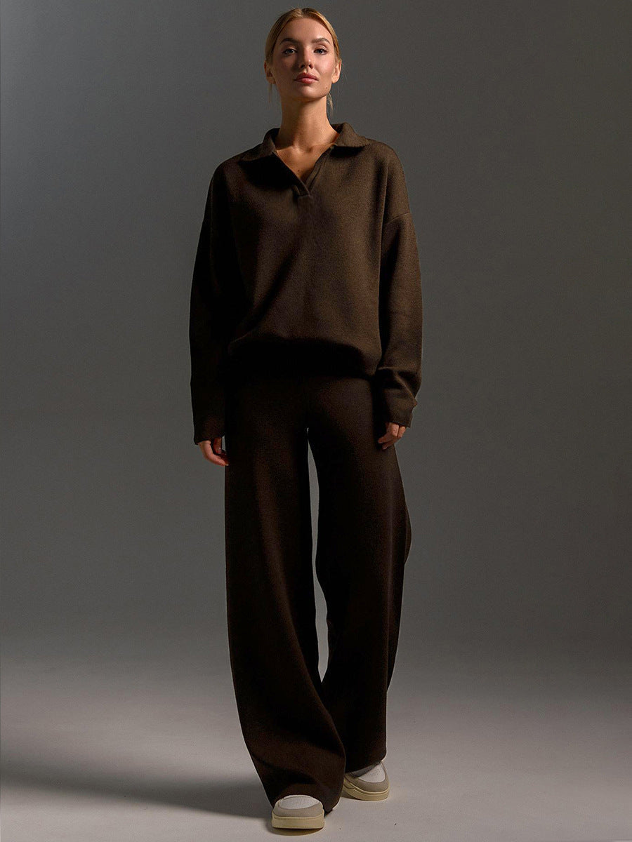 Knitted Lounge Set with Collared Jumper & Wide-Leg Trousers