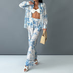Women's Relaxed Printed Button-Up Shirt and Wide Leg Trouser Set