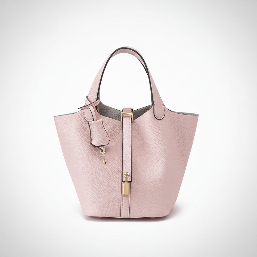 Structured Basket Handbag with Twist Lock – Faux Leather Bucket Bag