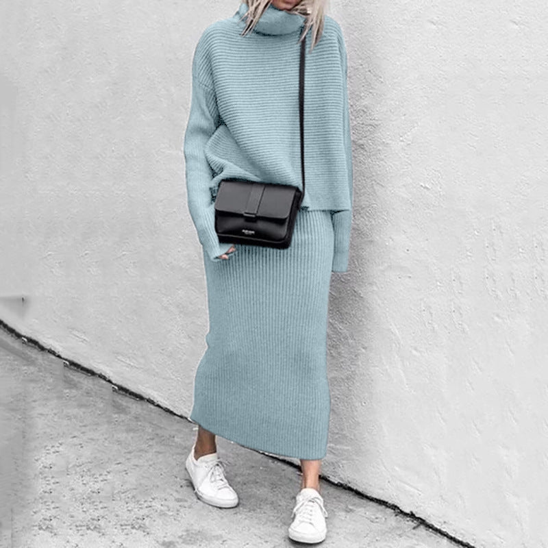 Women's Ribbed Roll-Neck Skirt Co-Ord – Relaxed Long-Sleeve Jumper
