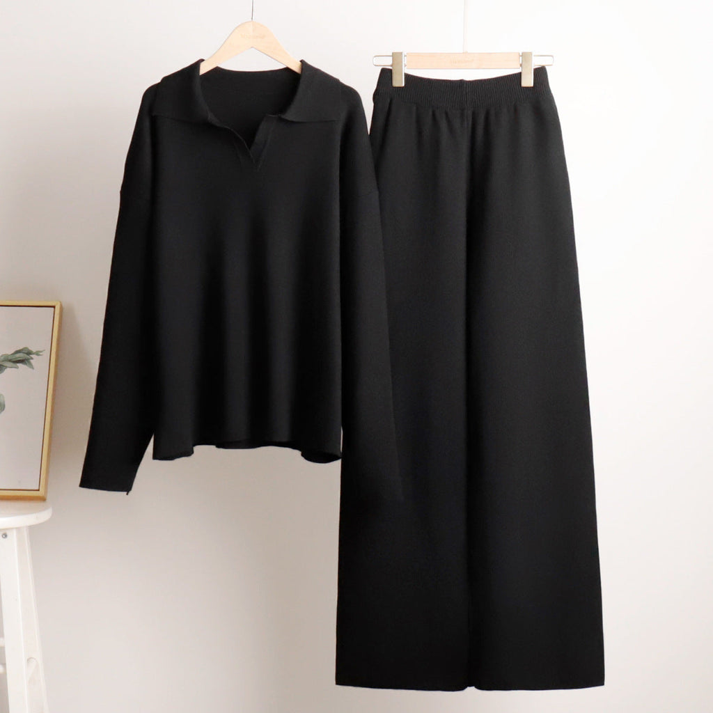 Knitted Lounge Set with Collared Jumper & Wide-Leg Trousers