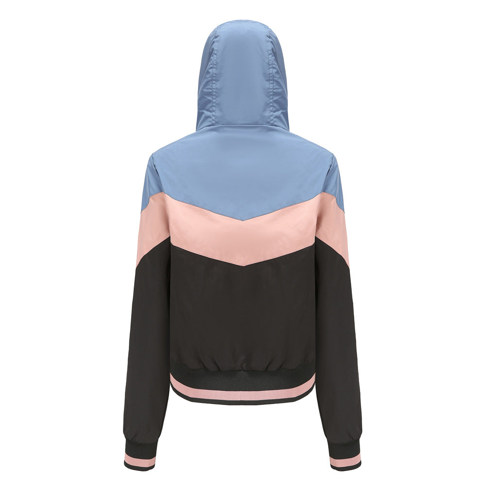 Women's Lightweight Hooded Bomber Jacket with Printed Colour Block Design
