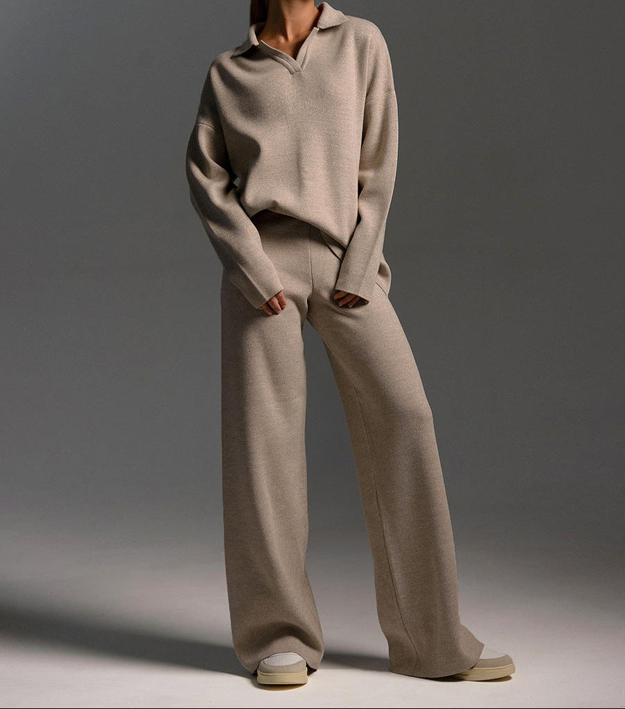 Women's Relaxed Two-Piece Co-Ord Set – Collared Sweater and Wide-Leg