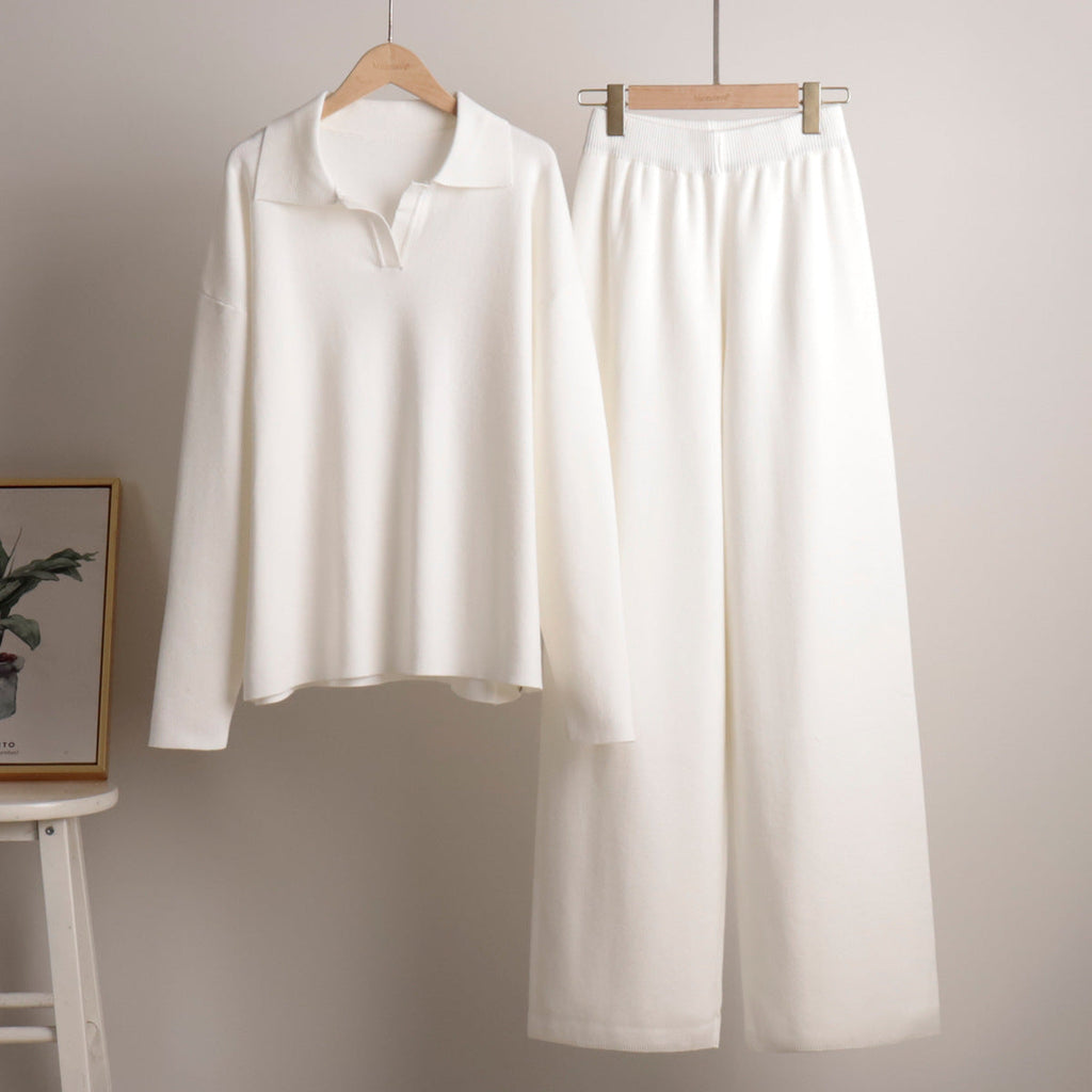 Knitted Lounge Set with Collared Jumper & Wide-Leg Trousers