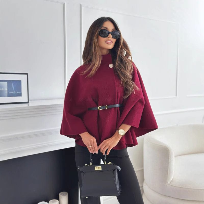 Wool-Blend Cape with Stand Collar and Belt – Asymmetric Cut