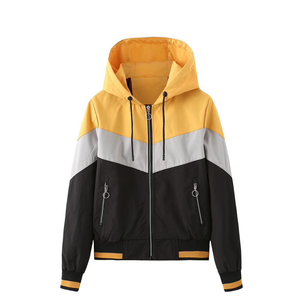 Women's Lightweight Hooded Bomber Jacket with Printed Colour Block Design