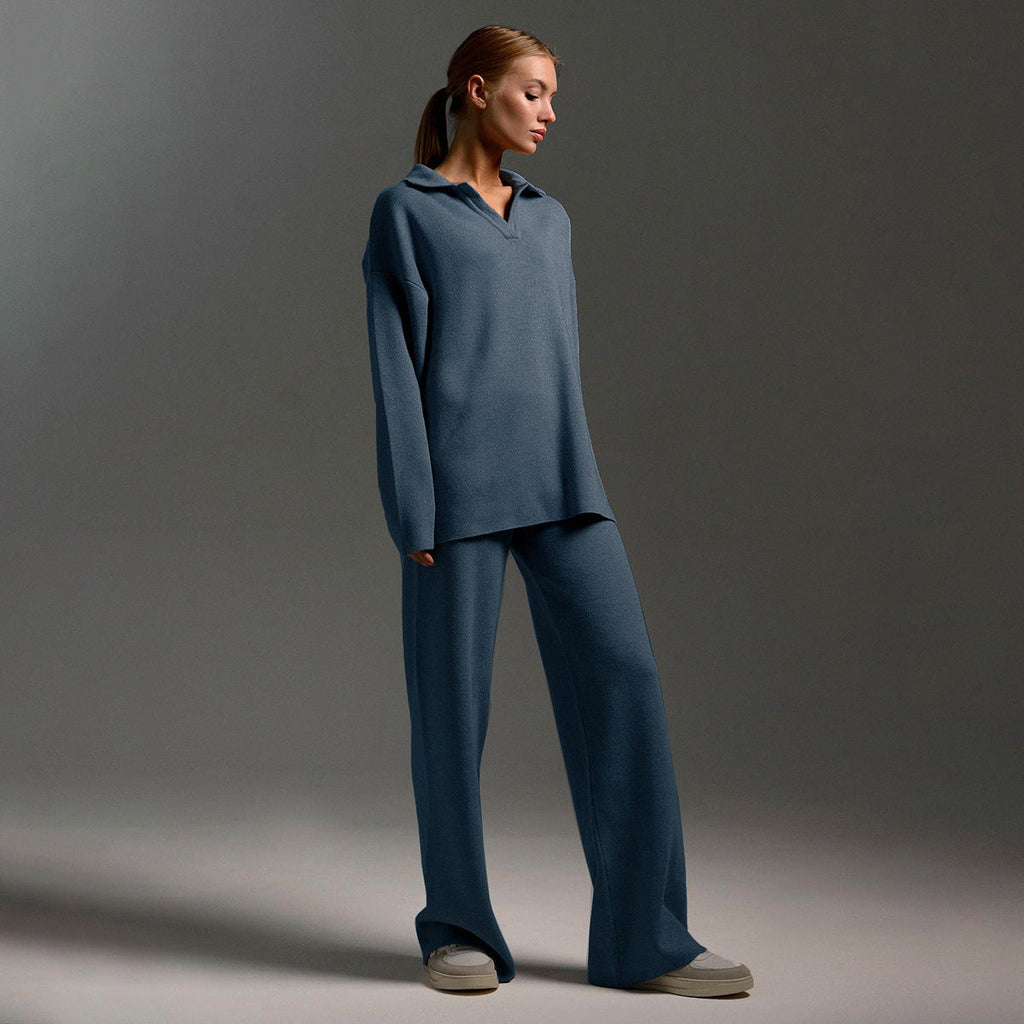 Knitted Lounge Set with Collared Jumper & Wide-Leg Trousers