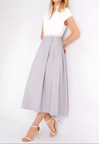 Women's Elegant V-Neck Midi Dress – Embellished Waist Short Sleeve A-Line