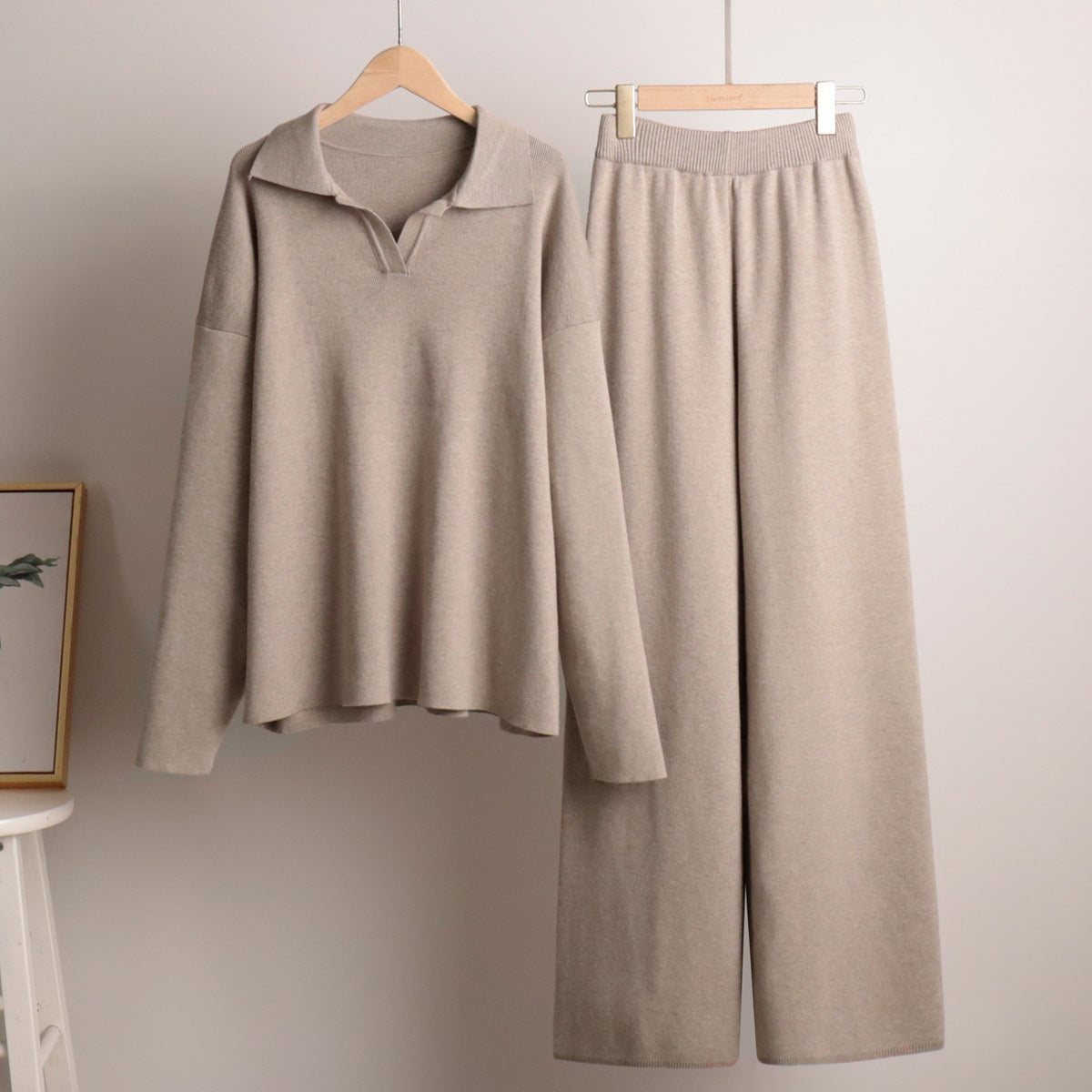 Knitted Lounge Set with Collared Jumper & Wide-Leg Trousers
