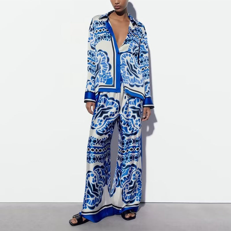 Women's Relaxed Printed Button-Up Shirt and Wide Leg Trouser Set