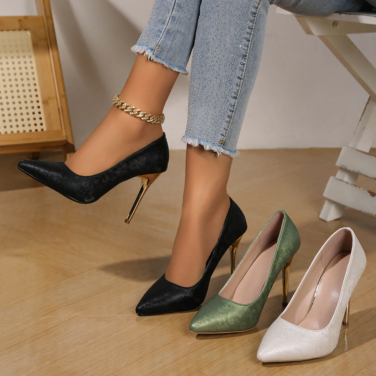 Satin Pumps with Gold Heel – Luxe Jacquard Court Shoes