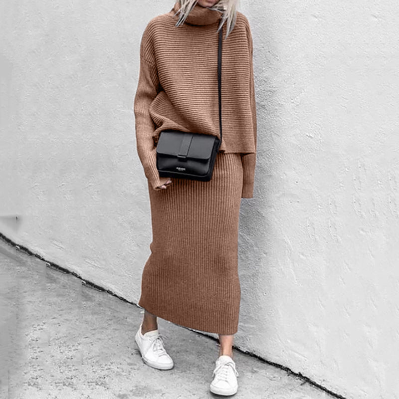 Women's Ribbed Roll-Neck Skirt Co-Ord – Relaxed Long-Sleeve Jumper