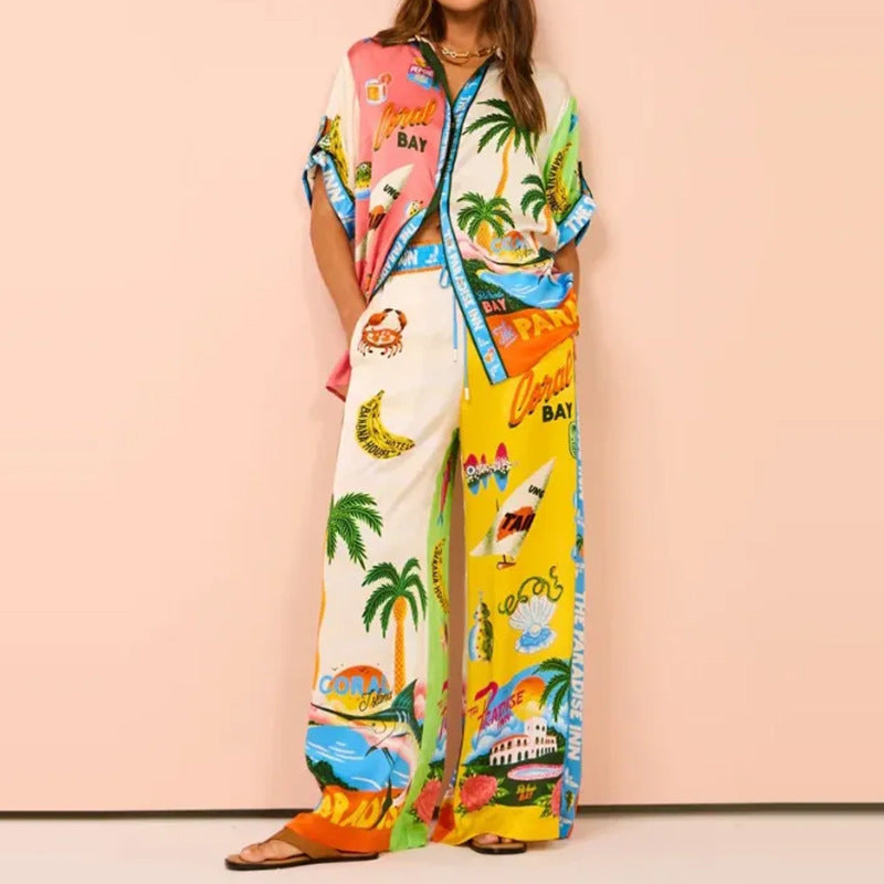 Women's Relaxed Printed Button-Up Shirt and Wide Leg Trouser Set
