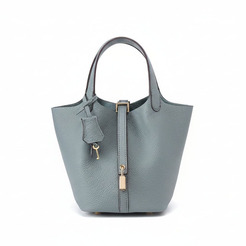 Structured Basket Handbag with Twist Lock – Faux Leather Bucket Bag