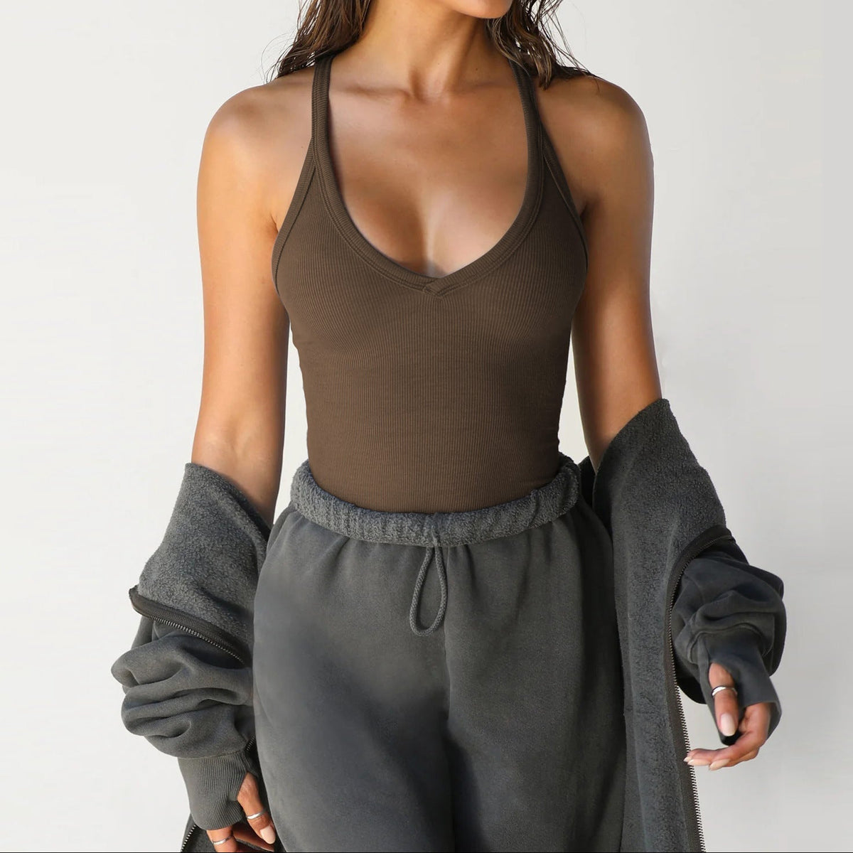 Women's Ribbed Halterneck Tank Top with Deep V Neck