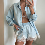 Women's Oversized linen-look Blend Button-Up Shirt and Lace Trim Shorts Set