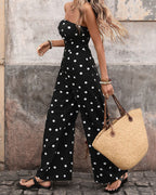 Women's Strapless Polka Dot Wide-Leg Jumpsuit with Draped Bodice