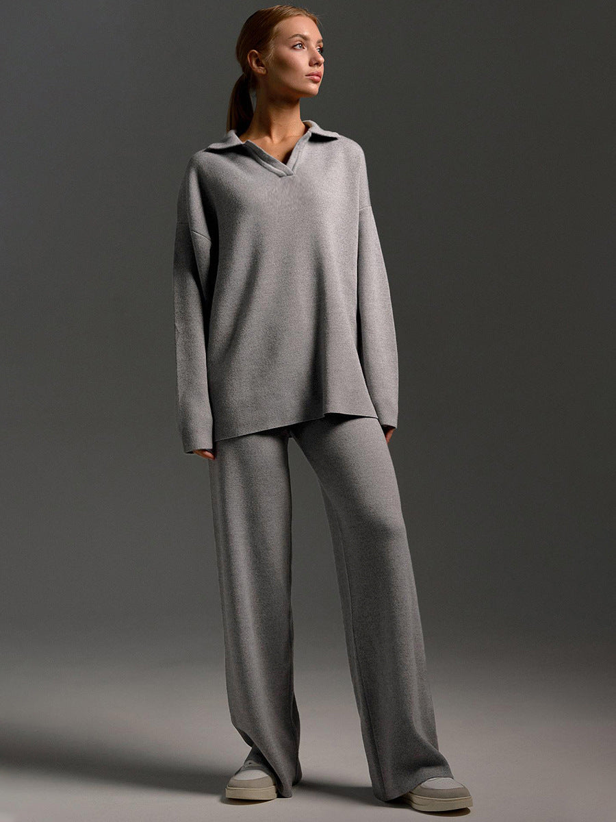 Knitted Lounge Set with Collared Jumper & Wide-Leg Trousers
