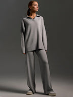 Knitted Lounge Set with Collared Jumper & Wide-Leg Trousers