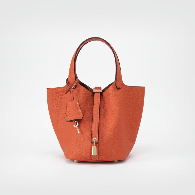 Structured Basket Handbag with Twist Lock – Faux Leather Bucket Bag
