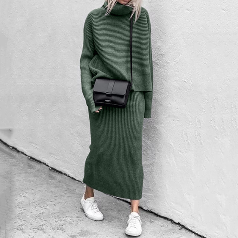 Women's Ribbed Roll-Neck Skirt Co-Ord – Relaxed Long-Sleeve Jumper
