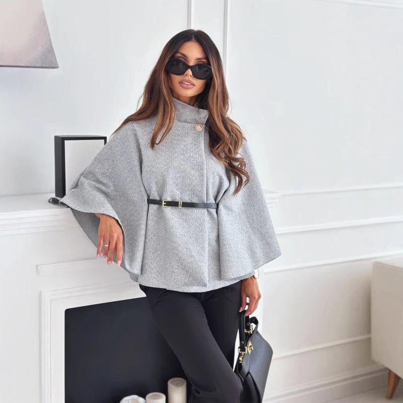 Wool-Blend Cape with Stand Collar and Belt – Asymmetric Cut