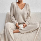 Ribbed Knit Two-Piece Set – V-Neck Top and Trousers