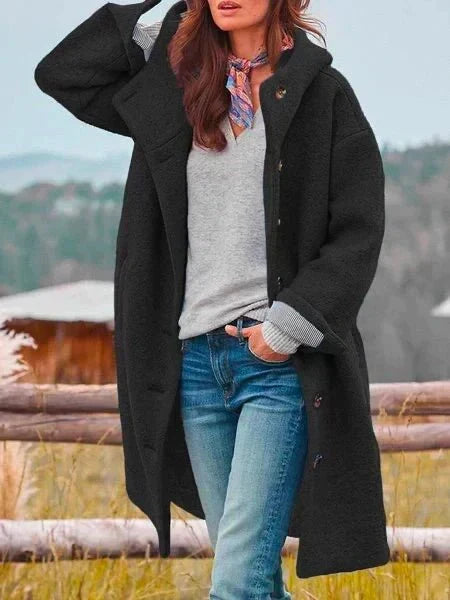Fluffy Winter Coat with Hood and Button Front