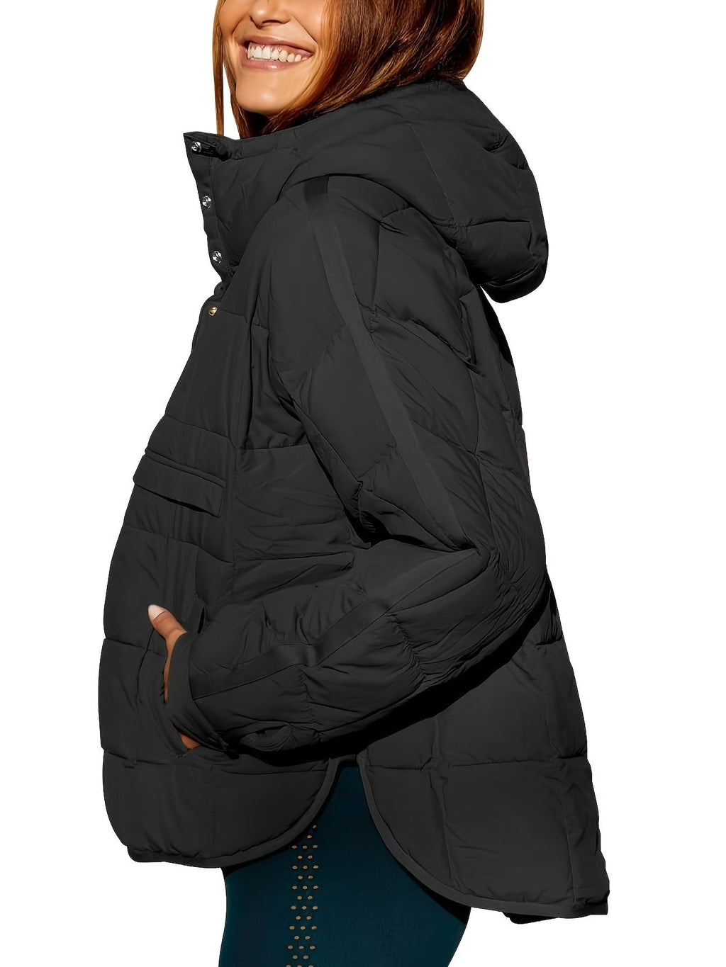 Hooded Padded Jacket with Half-Zip and Buttons