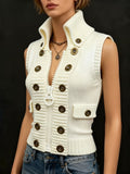 Women's Fitted Knitted Vest with High Collar and Decorative Buttons