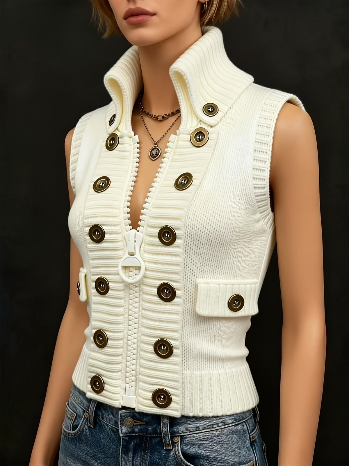 Women's Fitted Knitted Vest with High Collar and Decorative Buttons