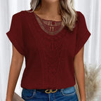 Crochet Lace Trim Waffle-Knit Top