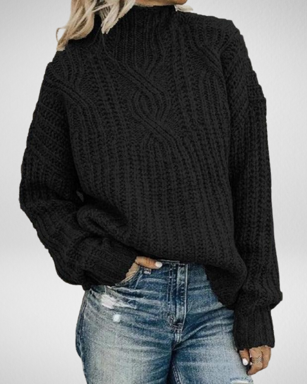 Women's Elegant Chunky Cable Knit High Neck Sweater with Textured Ribbed