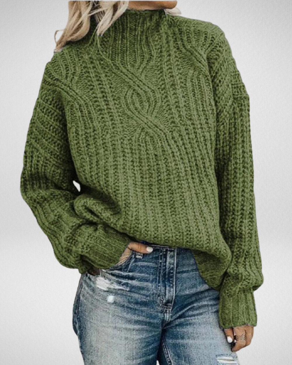 Women's Elegant Chunky Cable Knit High Neck Sweater with Textured Ribbed
