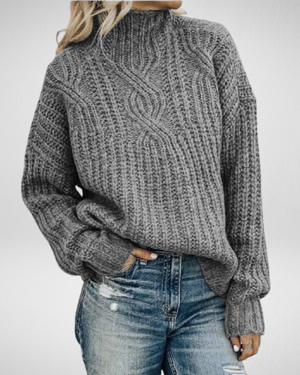 Women's Elegant Chunky Cable Knit High Neck Sweater with Textured Ribbed