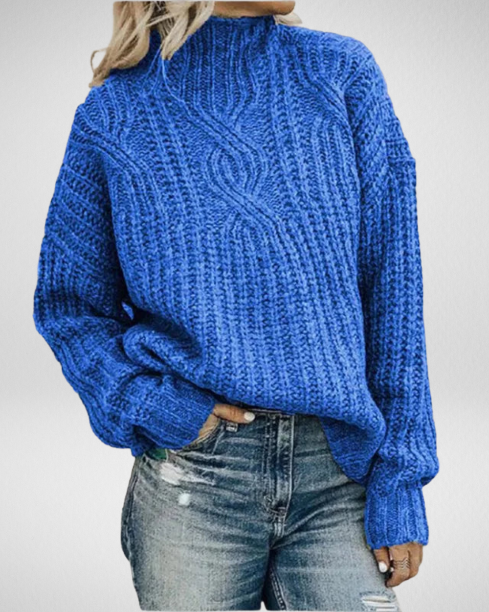 Women's Elegant Chunky Cable Knit High Neck Sweater with Textured Ribbed