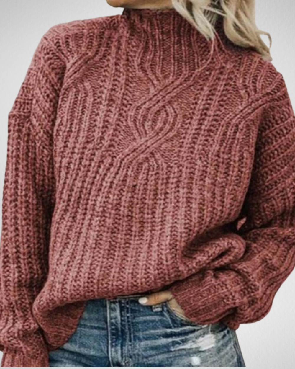 Women's Elegant Chunky Cable Knit High Neck Sweater with Textured Ribbed