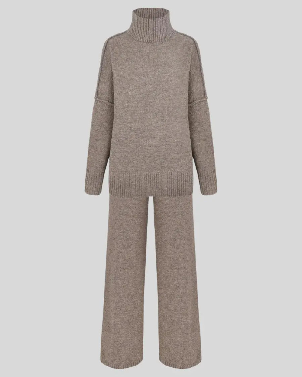 Women's Knitted Roll-Neck Sweater and Wide-Leg Trouser Set