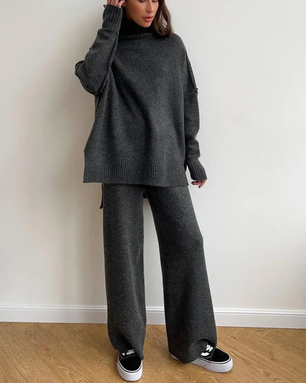 Women's Knitted Roll-Neck Sweater and Wide-Leg Trouser Set
