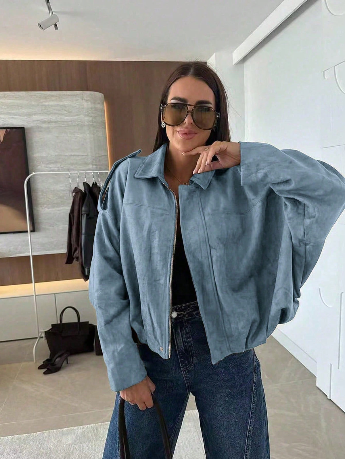 Oversized Bomber Jacket with Stand Collar in 7 Colours