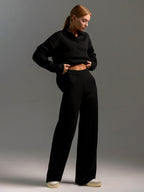 Knitted Lounge Set with Collared Jumper & Wide-Leg Trousers