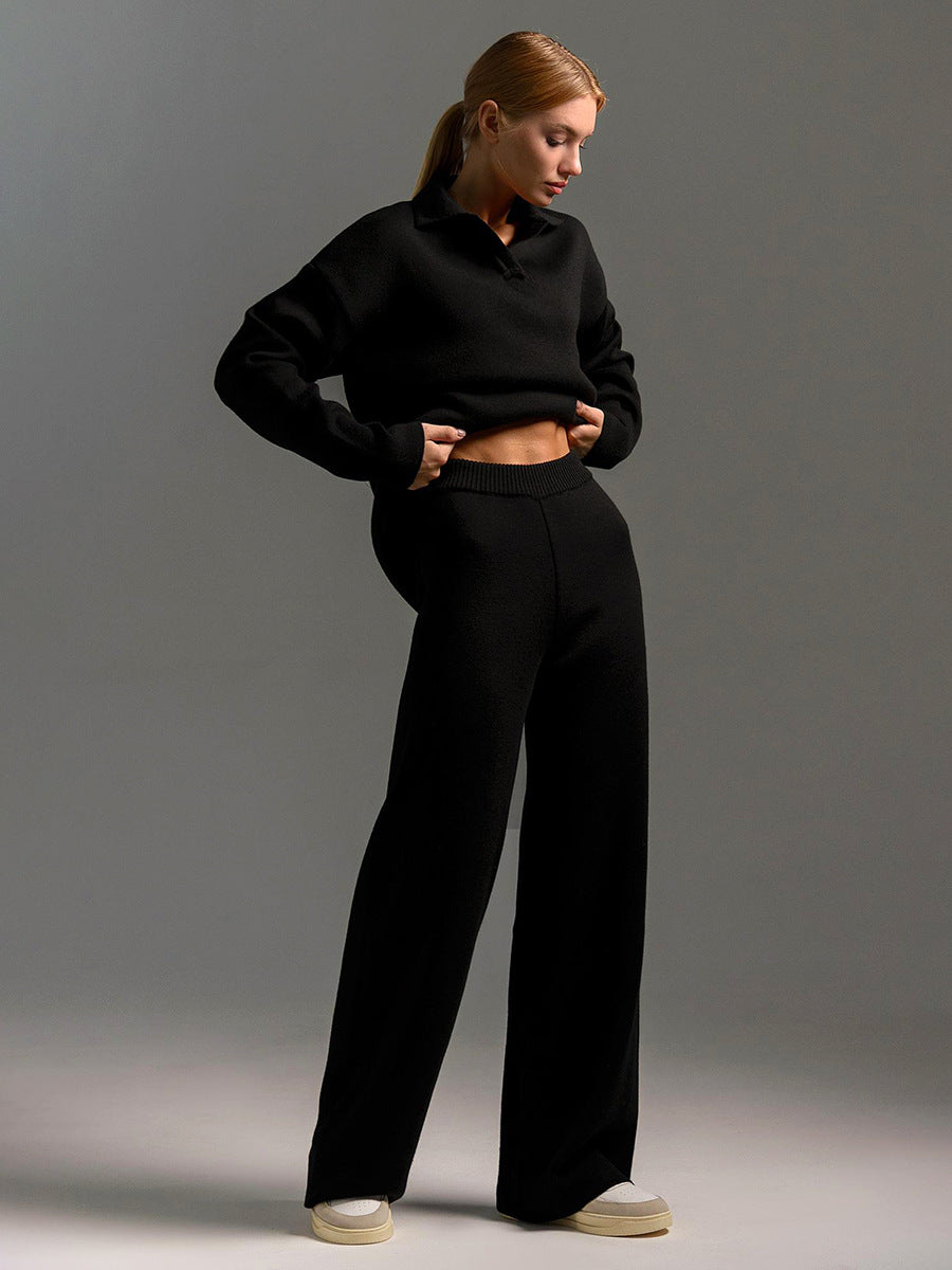 Knitted Lounge Set with Collared Jumper & Wide-Leg Trousers