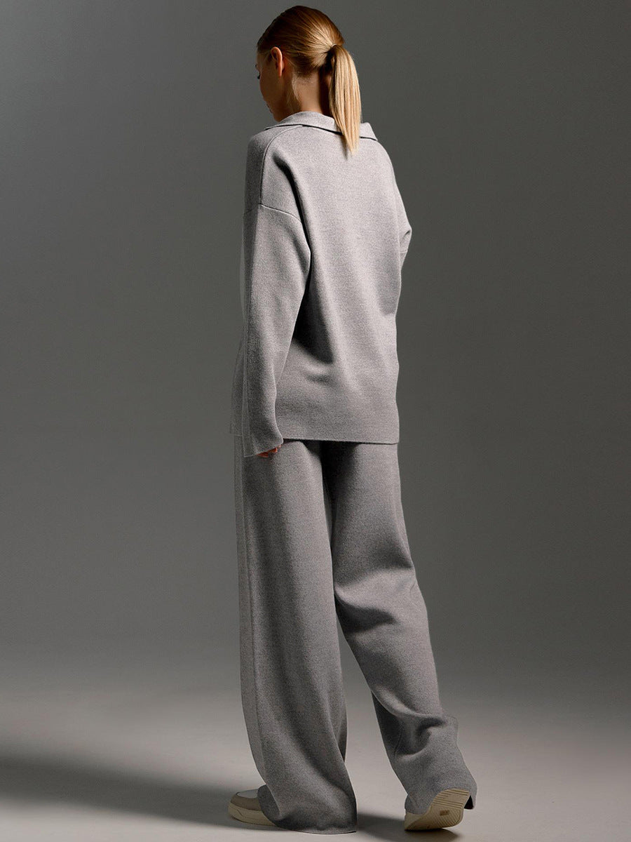 Knitted Lounge Set with Collared Jumper & Wide-Leg Trousers